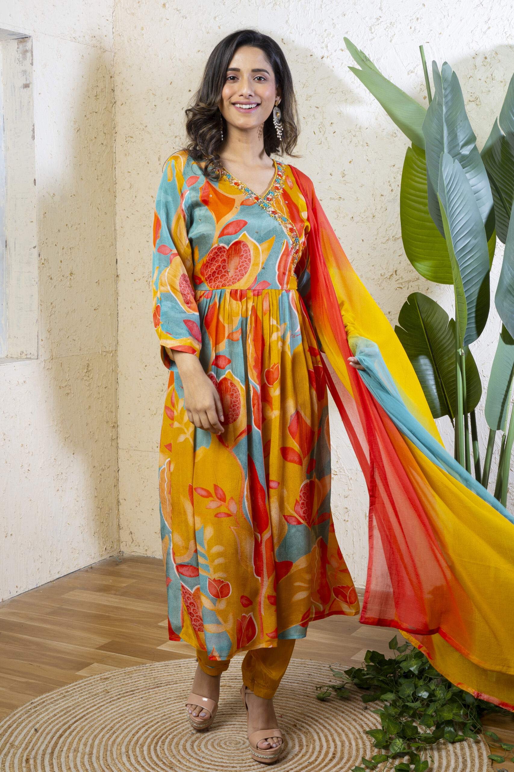 PURE CHINNON DIGITAL PURPLE THREE PCS GOWN HAND WORK