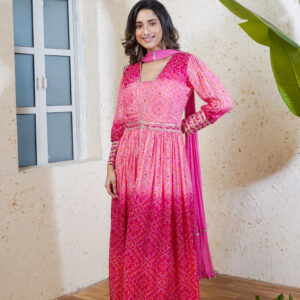 PURE CHINNON DIVIDER LONG GOWN FRONT OPEN THREE PCS BODY AND DIVIDER EMBY