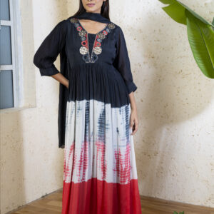 GOWN WITH DUPPATA PURE CHINNON MIRROR EMBY ON NEACK WITH DYE PARTTEN