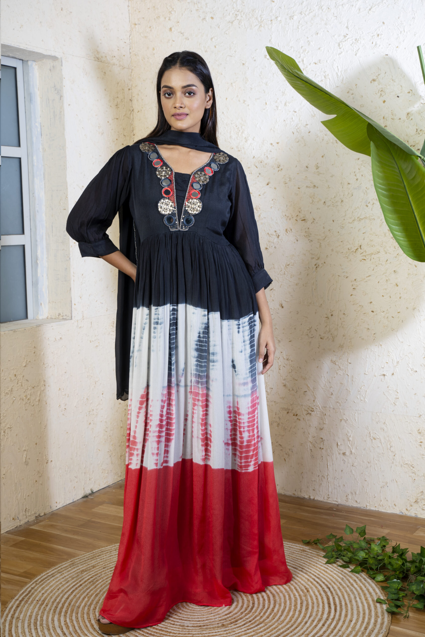 GOWN WITH DUPPATA PURE CHINNON MIRROR EMBY ON NEACK WITH DYE PARTTEN