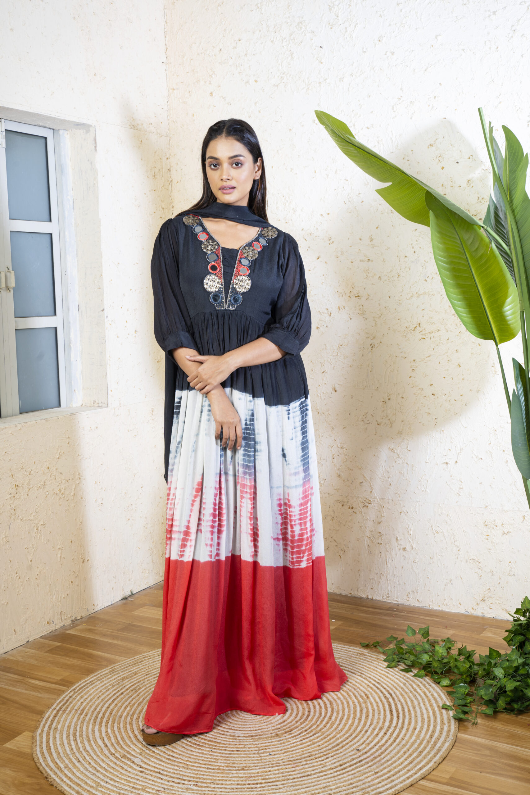 GOWN WITH DUPPATA PURE CHINNON MIRROR EMBY ON NEACK WITH DYE PARTTEN - Image 2