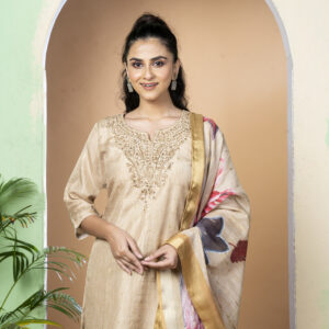 FANCY CHANDERI JAGUARD FAB THREE PCS HAND EMBY