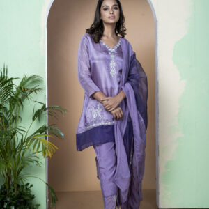 PURE TISSUE WITH ORGANZA FABRIC THREE PCS WITH EMBY ON ALL THREE PCS