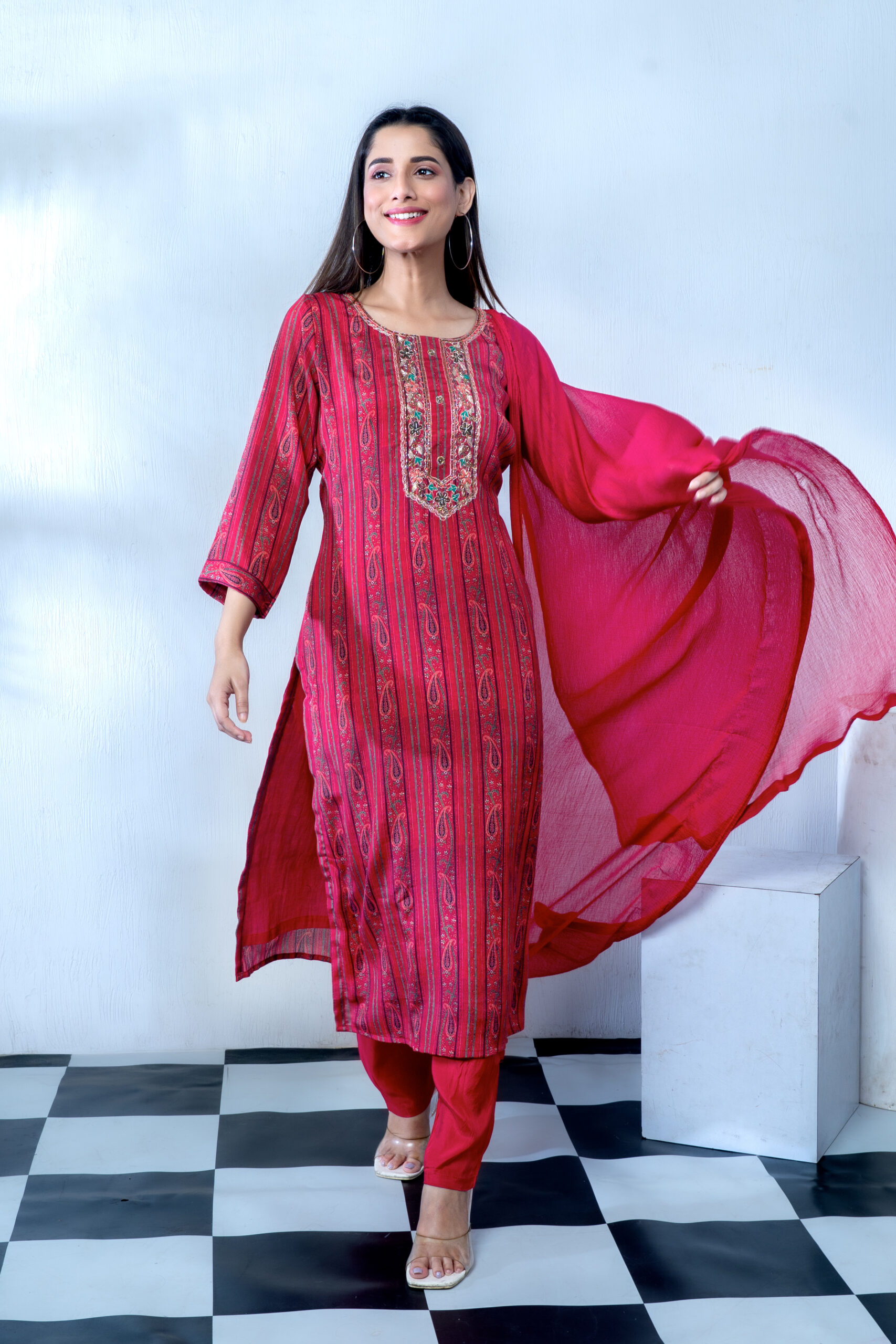 CHINNON WITH DIGITAL PRINT THREE PCS HAND EMBY