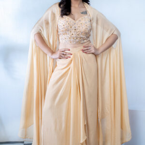 PURE CHINNON THREE PCS SKIRT, BLOUSE CAPE MIRROR WORK