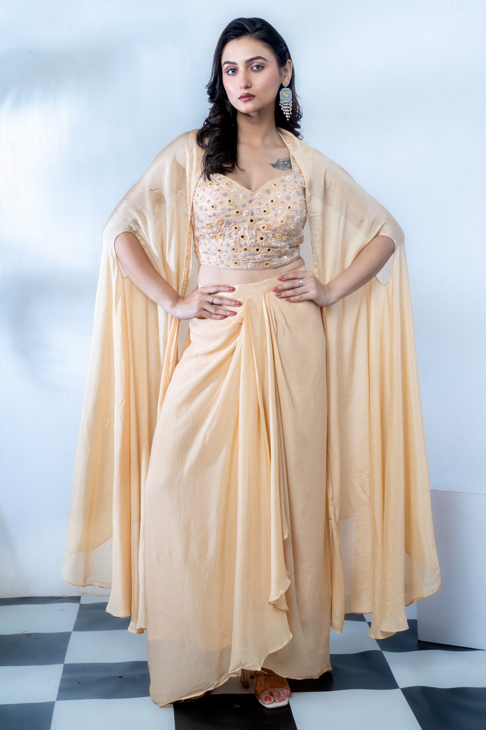 PURE CHINNON THREE PCS SKIRT, BLOUSE CAPE MIRROR WORK