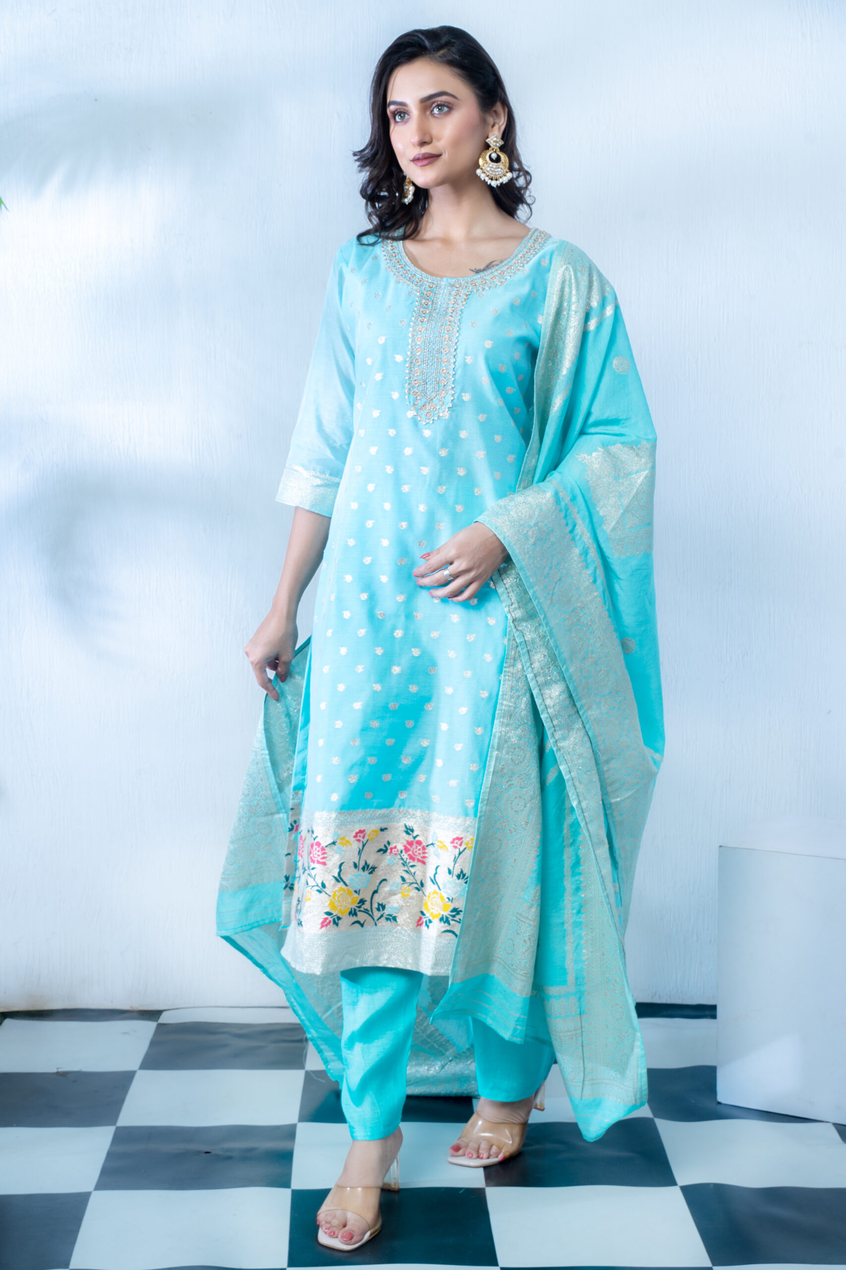 PURE CHANDERI JAGUARD THRE PCS JARI EMBY