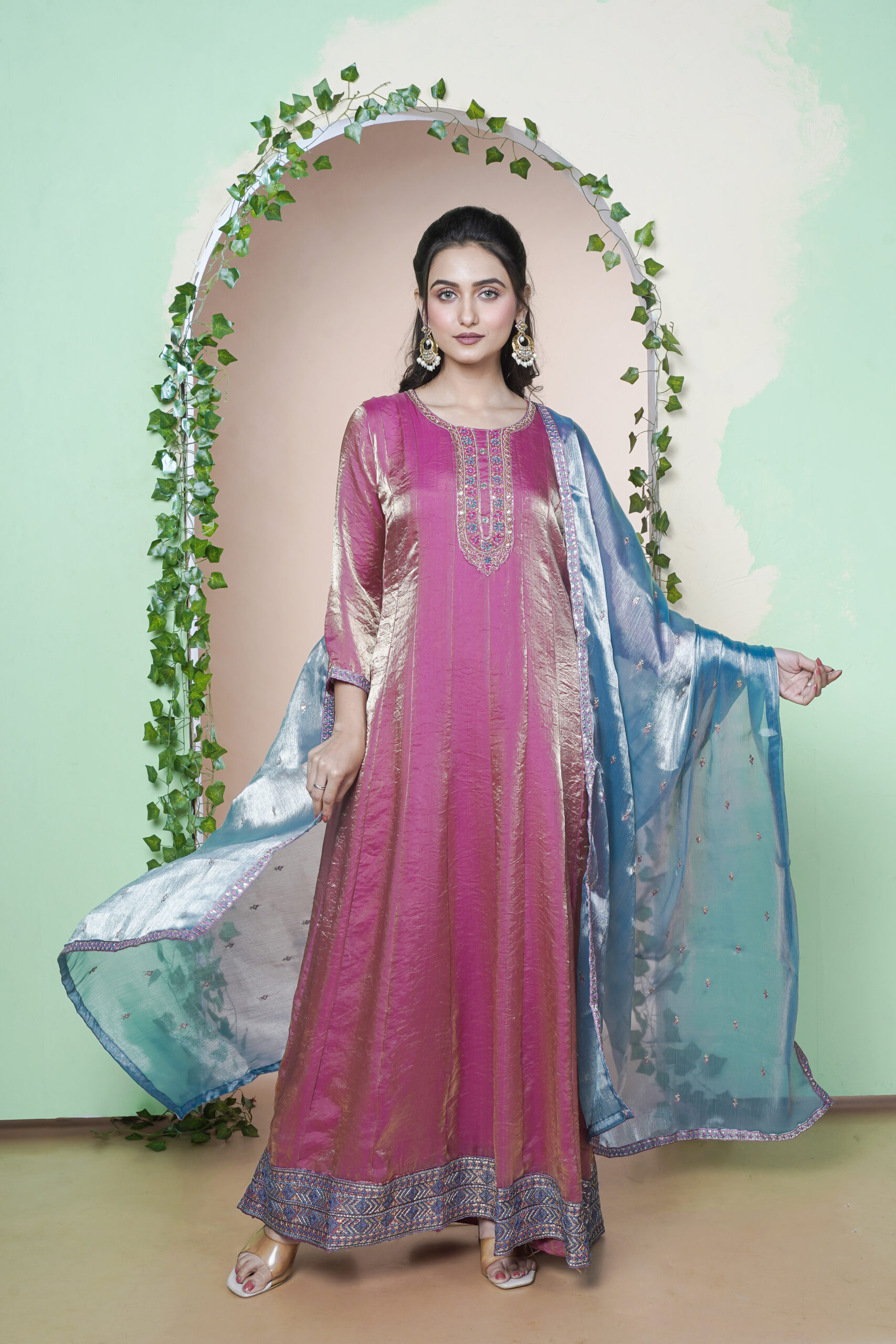 GOWN THREE PCS PURE SILK SATIN FABRIC HAND WORK