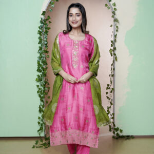 RUSSIAN JAGUARD WITH MEENA JAGUARD SUPPATA THREE PCS HAND EMBY ON NECK