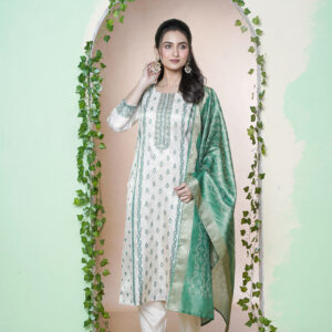 PURE TISSUE FABRICS WITH GREEN MEENA THREE PCS HAND EMBY