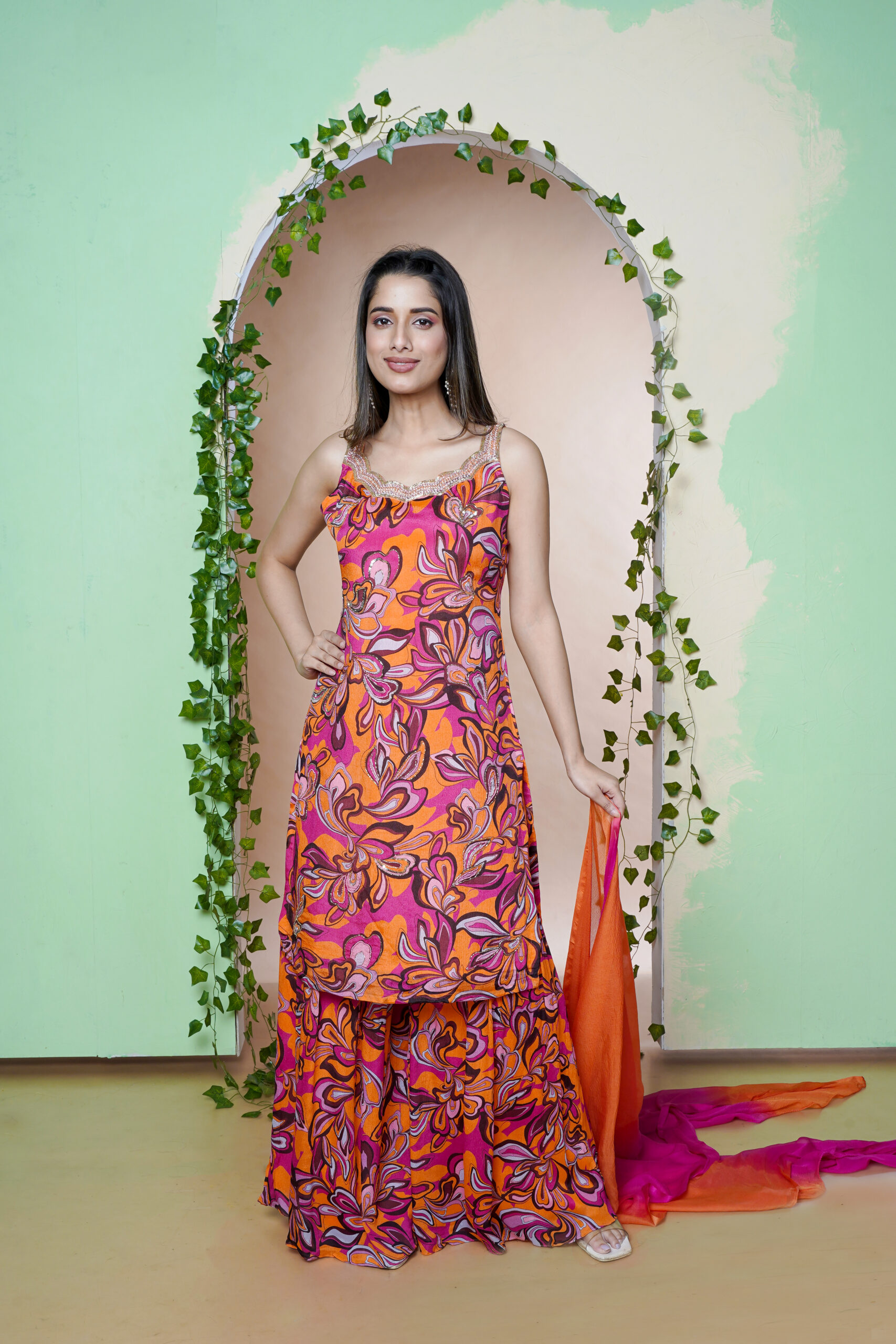 PURE CHINNON THREE PCS EMBY ON NECK DIGITAL PRINT