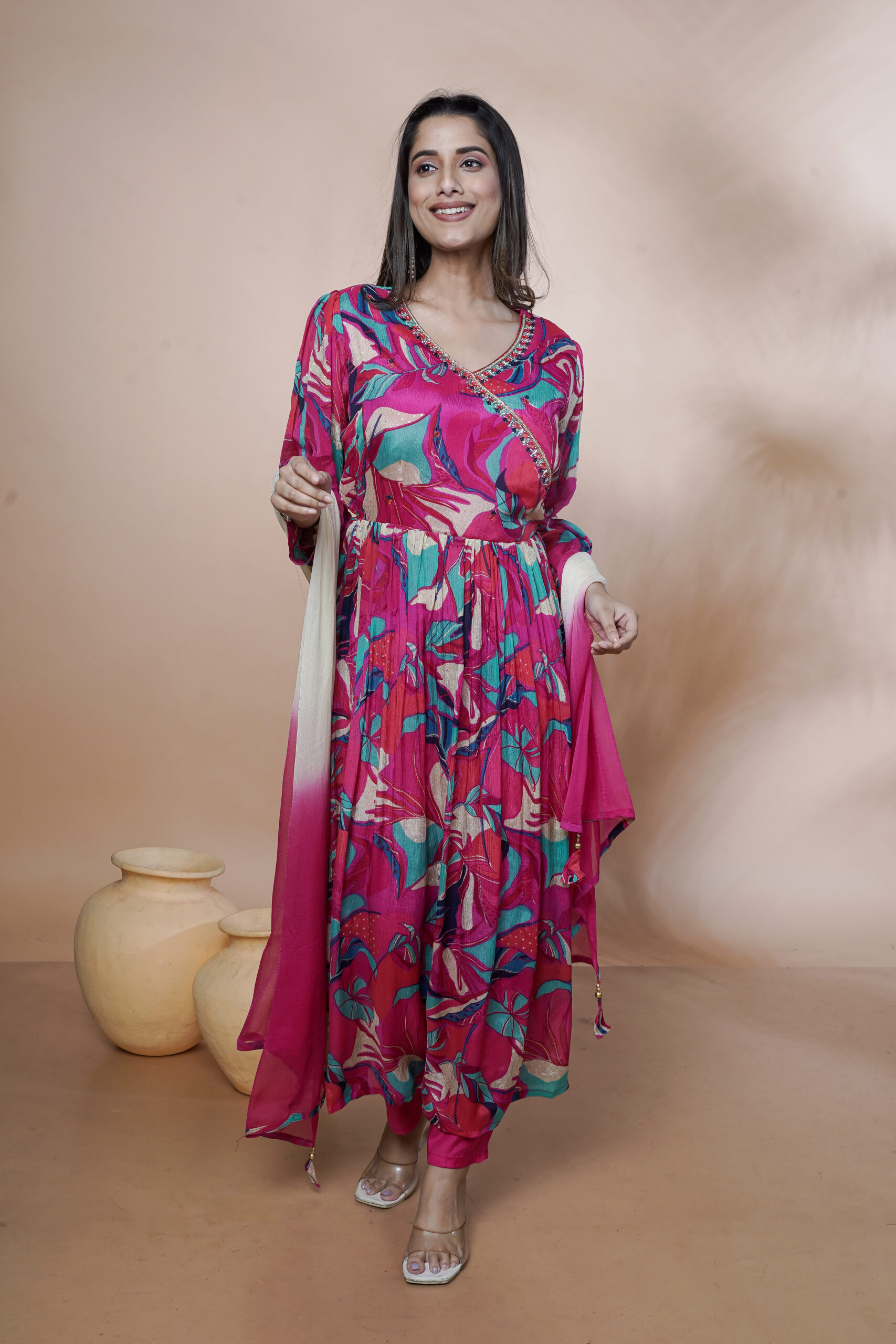 PURE CHINNON GOWN THREE PCS HAND AMBY ON NECK