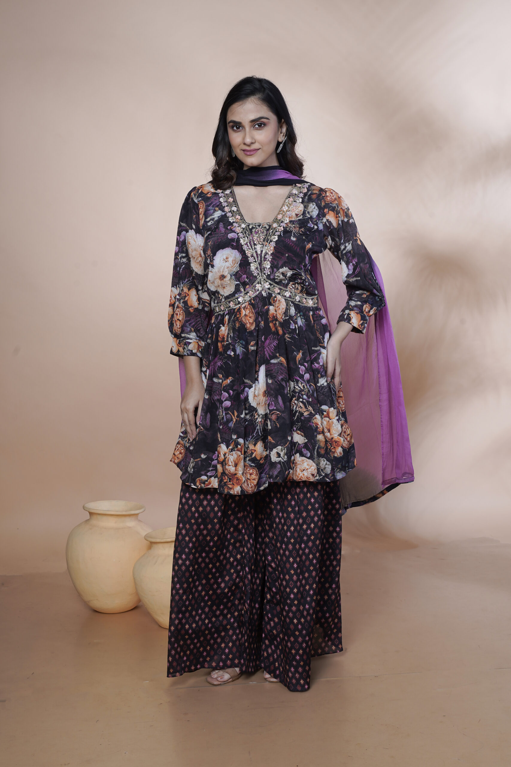 PURE CHINNON THREE PCS STYLISH NECK HAND WORK